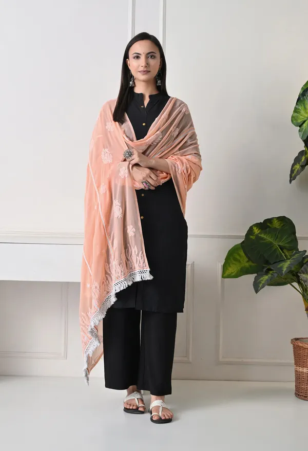 Peach_Georgette_Chikankari_Hand_Embroidered_Dupatta_For_Women_Peach_Machine_Washable