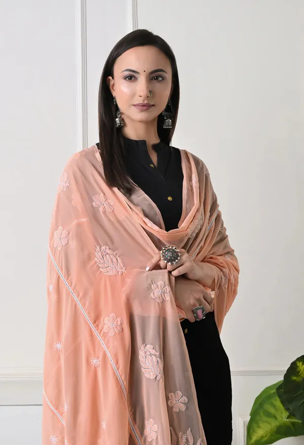 Peach_Georgette_Chikankari_Hand_Embroidered_Dupatta_For_Women_Peach_Machine_Washable