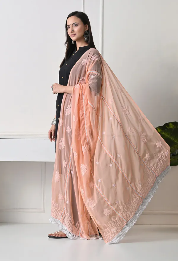 Peach_Georgette_Chikankari_Hand_Embroidered_Dupatta_For_Women_Peach_Machine_Washable