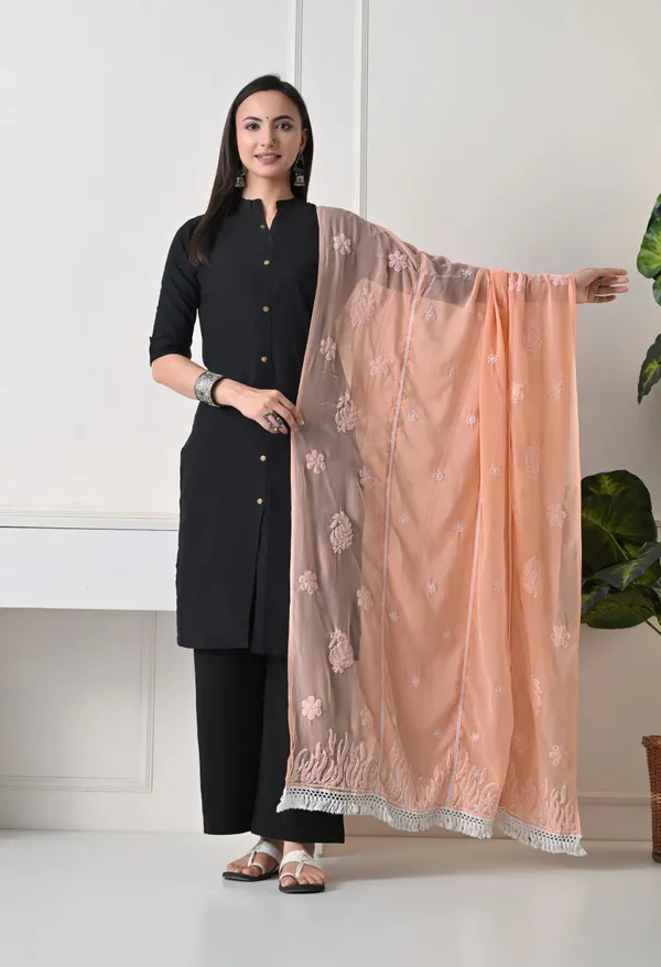 Peach_Georgette_Chikankari_Hand_Embroidered_Dupatta_For_Women_Peach_Machine_Washable