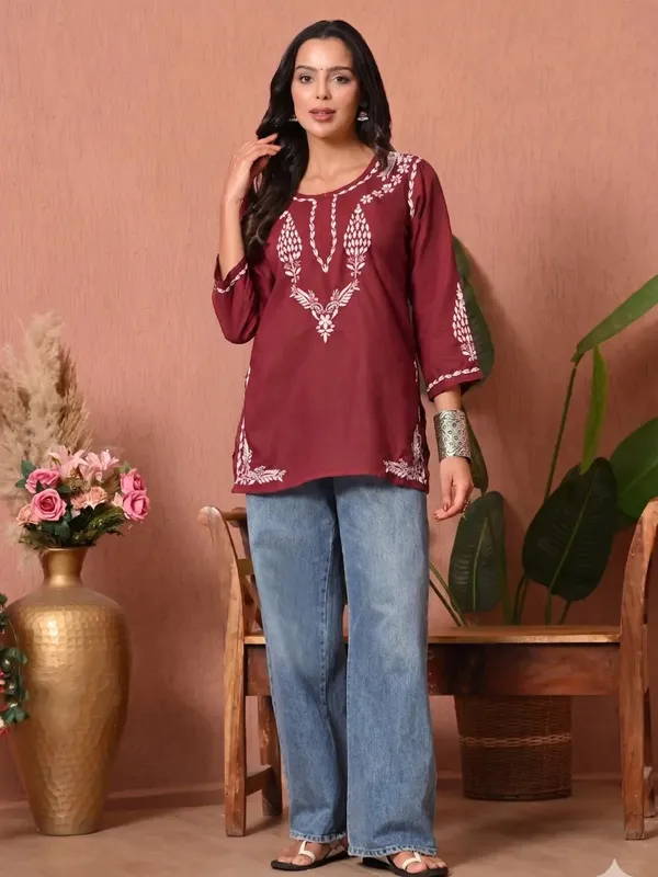 Maroon_Chikankari_Embroidered_Cotton_Short_Kurti_Premium_Soft_Rayon