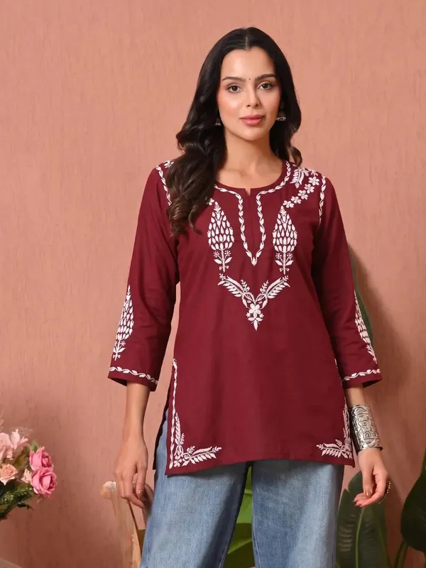 Maroon_Chikankari_Embroidered_Cotton_Short_Kurti_Premium_Soft_Rayon
