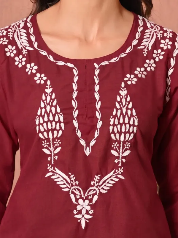 Maroon_Chikankari_Embroidered_Cotton_Short_Kurti_Premium_Soft_Rayon