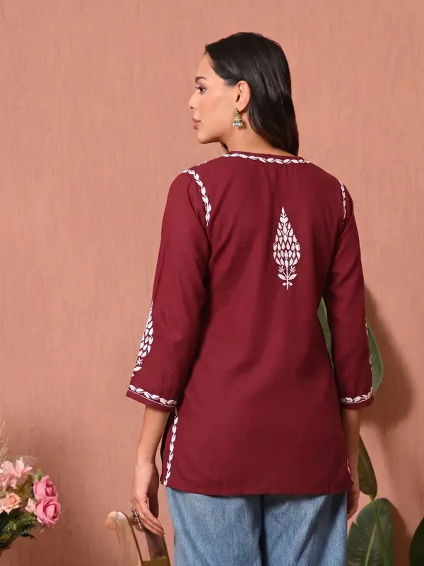 Maroon_Chikankari_Embroidered_Cotton_Short_Kurti_Premium_Soft_Rayon