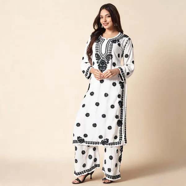 White_And_Black_Rayon_Ethnic_Wear_Set_For_Women