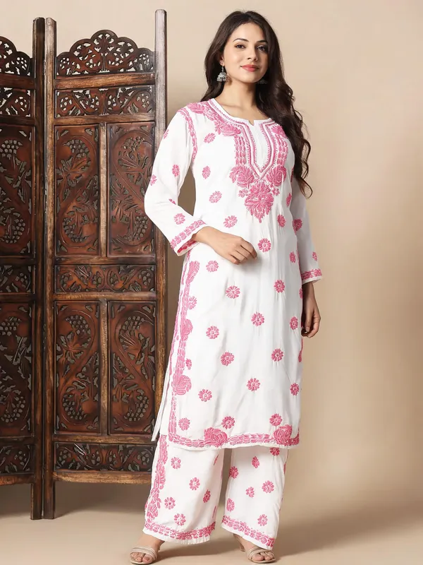 White_And_Pink_Rayon_Ethnic_Wear_Set_For_Women