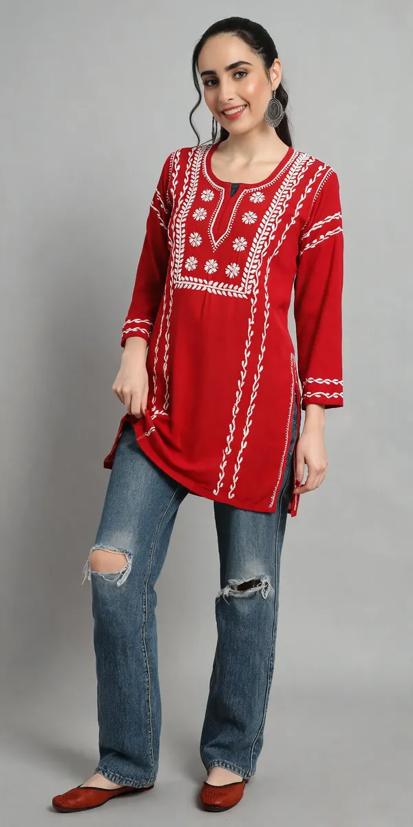 Red_Cotton50%_Rayon50%_Kurti_For_Women