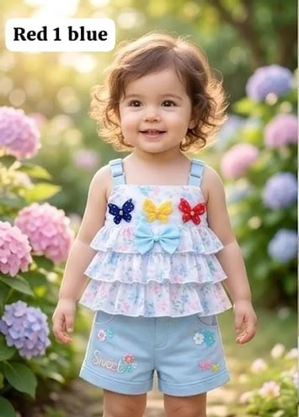 Blue_Cotton_Polyester_Top_And_Shorts_Set_For_Girls