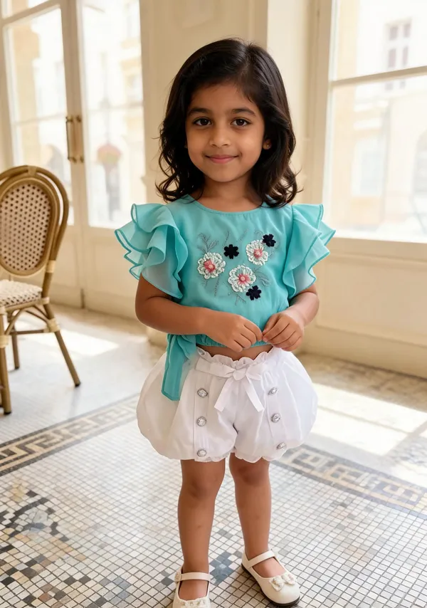 Blue_And_White_Cotton_Polyester_Top_And_Shorts_Set_For_Girls