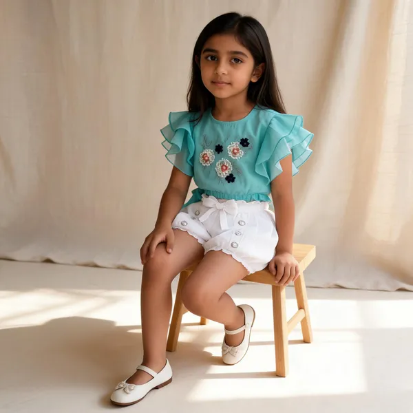 Blue_And_White_Cotton_Polyester_Top_And_Shorts_Set_For_Girls