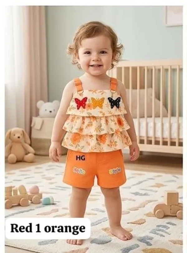Orange_Cotton_Polyester_Top_And_Shorts_Set_For_Girls