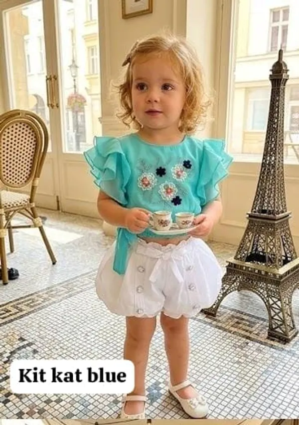 Blue_And_White_Cotton_Polyester_Top_And_Shorts_Set_For_Girls