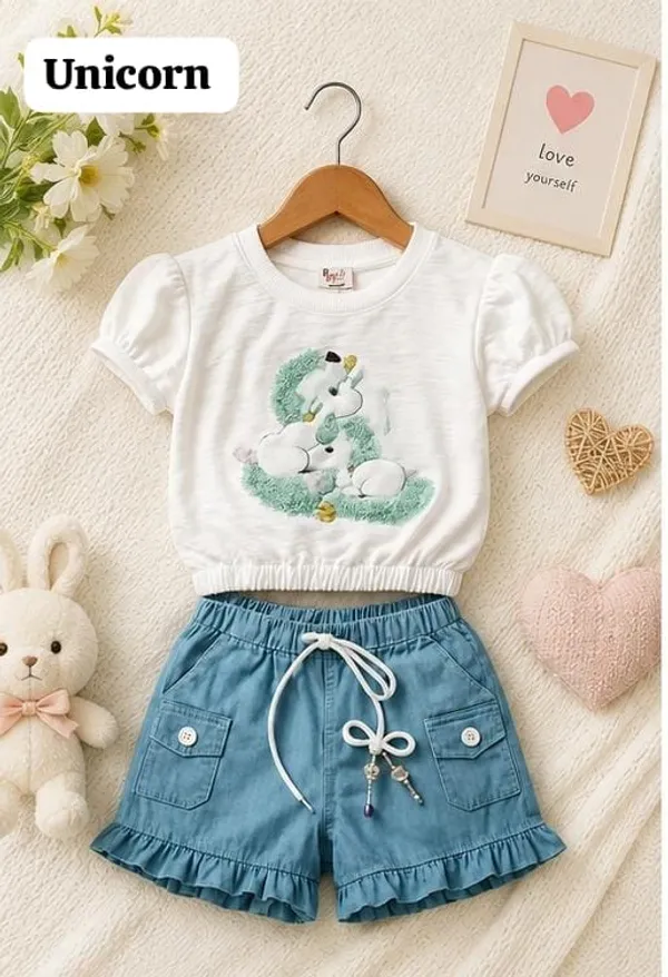 White_And_Blue_Cotton_Polyester_Top_And_Shorts_Set_For_Girls