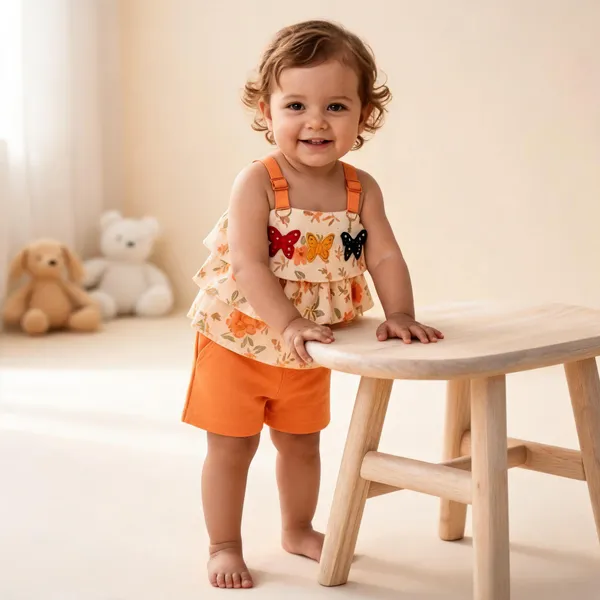 Orange_Cotton_Polyester_Top_And_Shorts_Set_For_Girls