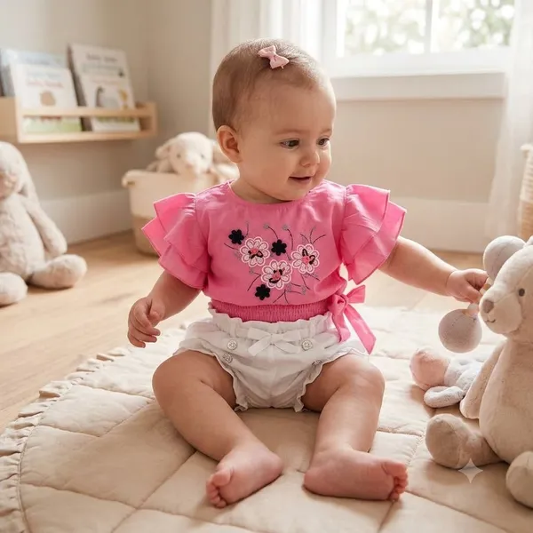Pink_And_White_Cotton_Polyester_Top_And_Shorts_Set_For_Girls