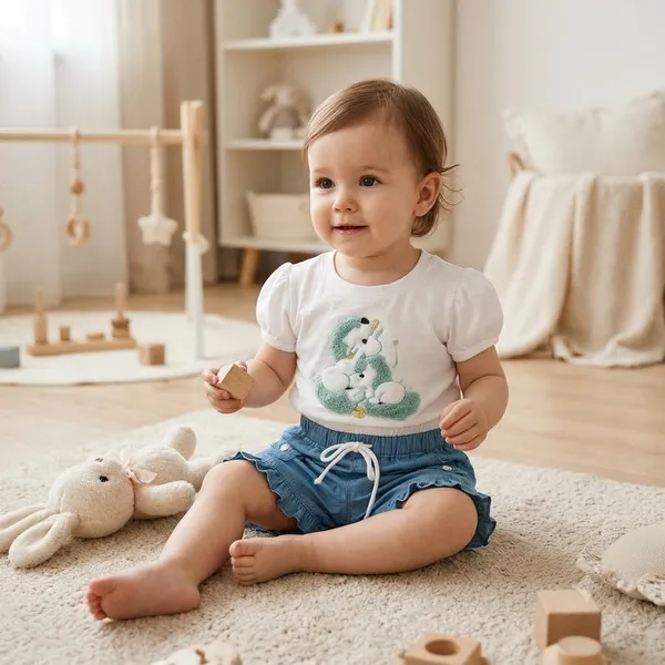 White_And_Blue_Cotton_Polyester_Top_And_Shorts_Set_For_Girls