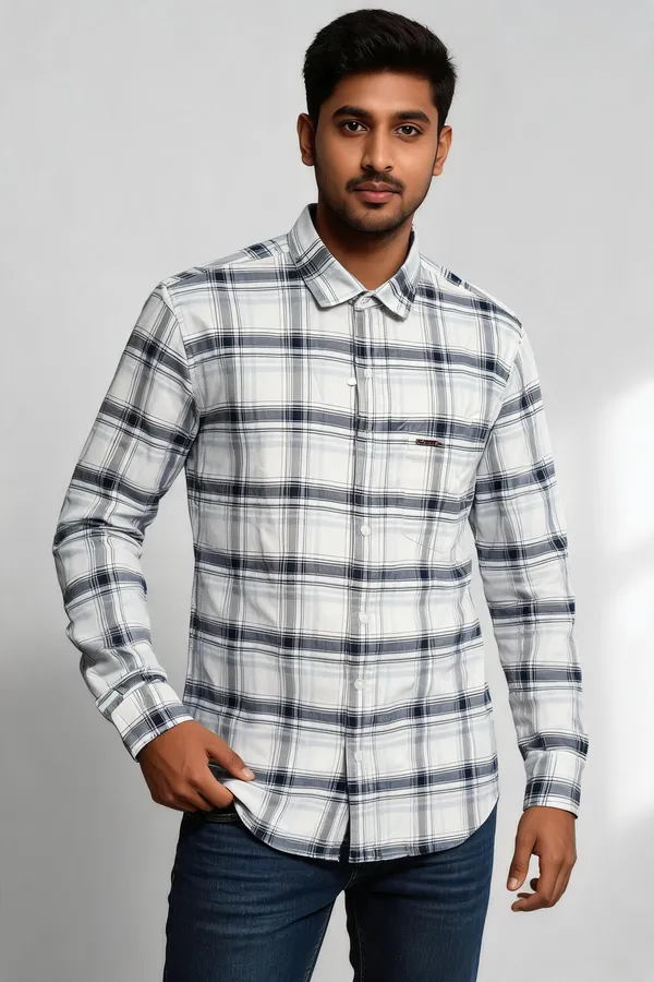 White_Plaid_Regular_Fit_Shirt_For_Men