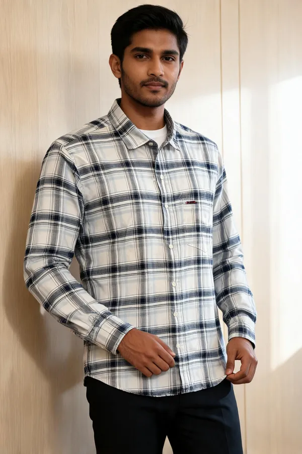 White_Plaid_Regular_Fit_Shirt_For_Men