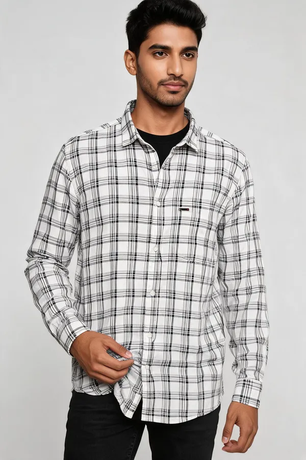 White_Plaid_Regular_Fit_Shirt_For_Men