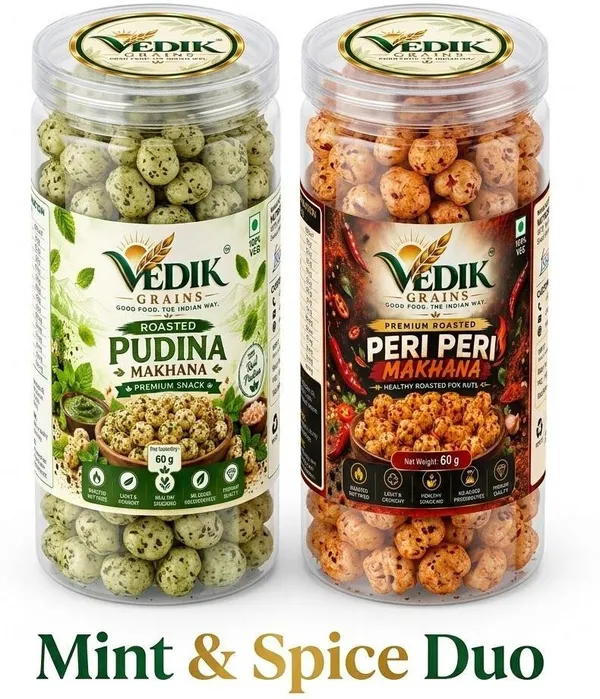 Vedik_Grains_Roasted_Makhana_Combo|Pudina_&_Peri_Peri_Fox_Nuts|120g_Roasted_Makhana_(2_x_60_g)