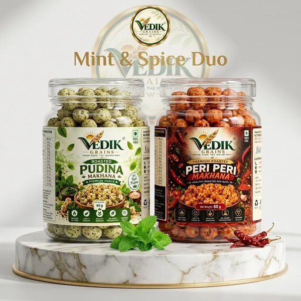 Vedik_Grains_Roasted_Makhana_Combo|Pudina_&_Peri_Peri_Fox_Nuts|120g_Roasted_Makhana_(2_x_60_g)
