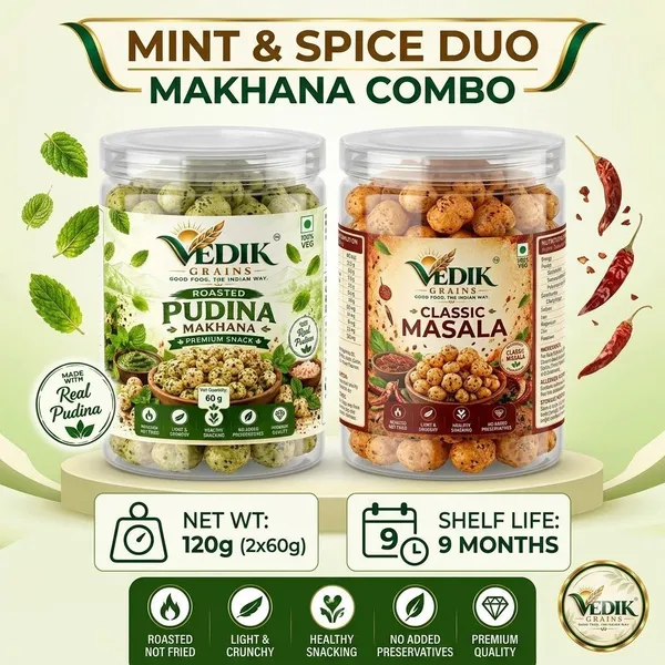 Vedik_Grains_Roasted_Makhana_Combo|Pudina_&_Peri_Peri_Fox_Nuts|120g_Roasted_Makhana_(2_x_60_g)