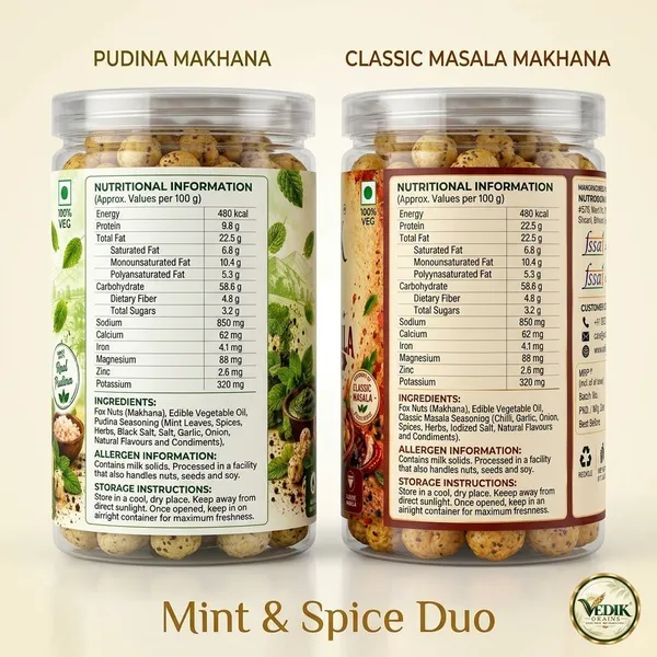 Vedik_Grains_Roasted_Makhana_Combo|Pudina_&_Peri_Peri_Fox_Nuts|120g_Roasted_Makhana_(2_x_60_g)