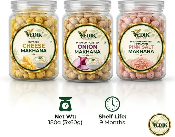 Vedik_Grains_Roasted_Makhana_Combo|Cheese|Onion_&_Pink_Salt|180g_Roasted_Makhana_(3_x_60_g)