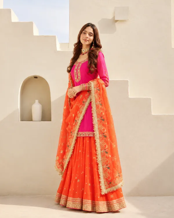 Rani_Pink_Tangerine_Mirror_Work_Flared_Dhoti_Skirt_Set