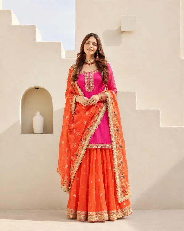 Rani_Pink_Tangerine_Mirror_Work_Flared_Dhoti_Skirt_Set