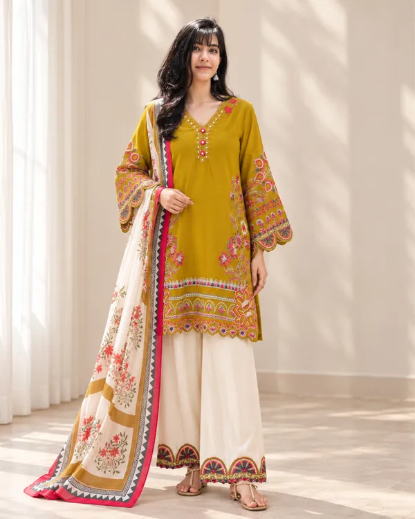 Olive_Gold_Embroidered_Kurta_With_Scalloped_Palazzo_Set