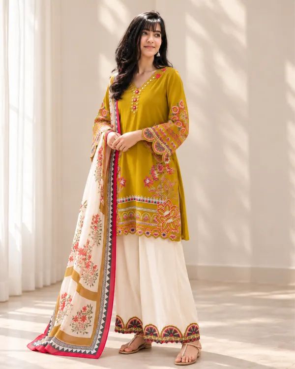 Olive_Gold_Embroidered_Kurta_With_Scalloped_Palazzo_Set