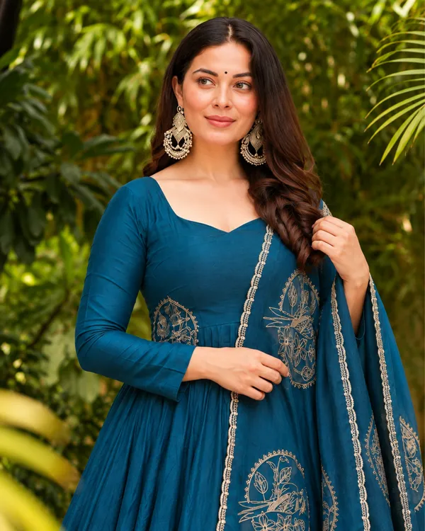 Teal_Blue_Vichitra_Silk_Flared_Anarkali_Suit
