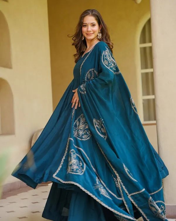 Teal_Blue_Vichitra_Silk_Flared_Anarkali_Suit