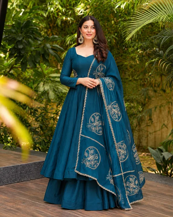 Teal_Blue_Vichitra_Silk_Flared_Anarkali_Suit