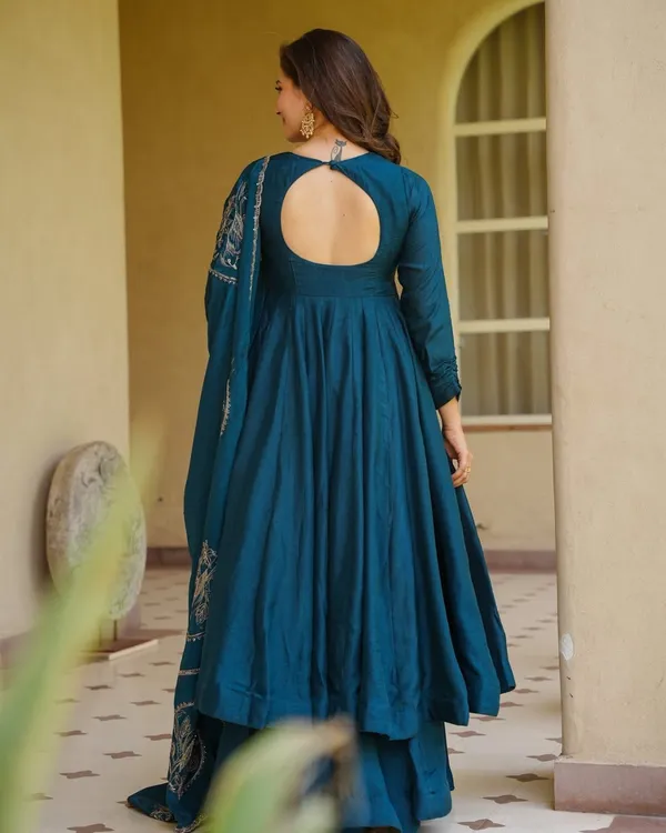 Teal_Blue_Vichitra_Silk_Flared_Anarkali_Suit
