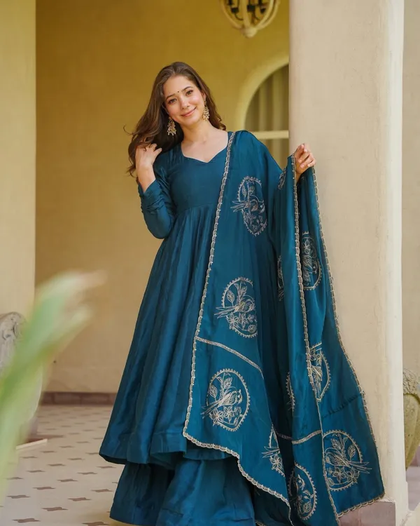 Teal_Blue_Vichitra_Silk_Flared_Anarkali_Suit