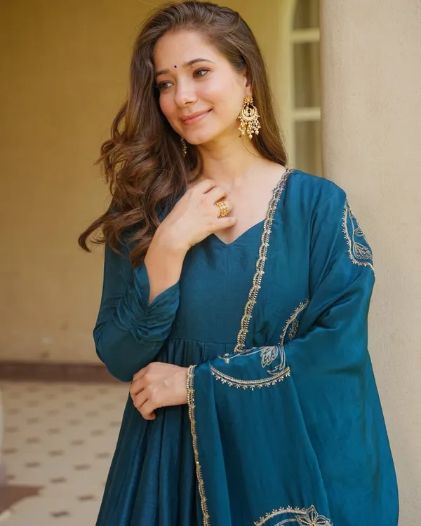 Teal_Blue_Vichitra_Silk_Flared_Anarkali_Suit