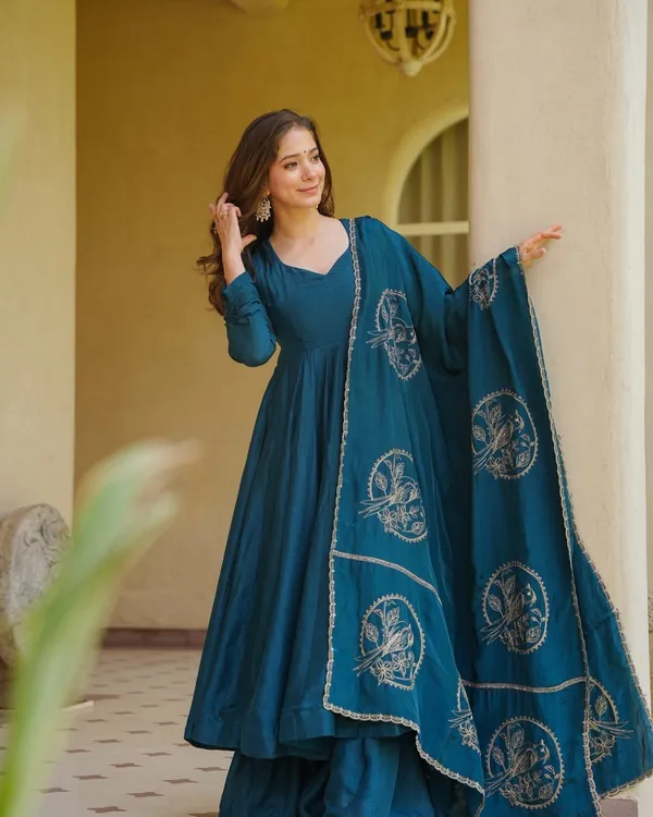 Teal_Blue_Vichitra_Silk_Flared_Anarkali_Suit
