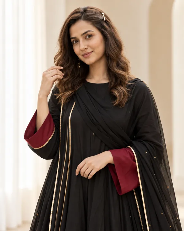 Ebony_Black_Wine_Color_Block_Flared_Roman_Silk_Gown_Set