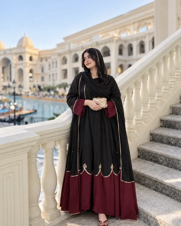 Ebony_Black_Wine_Color_Block_Flared_Roman_Silk_Gown_Set