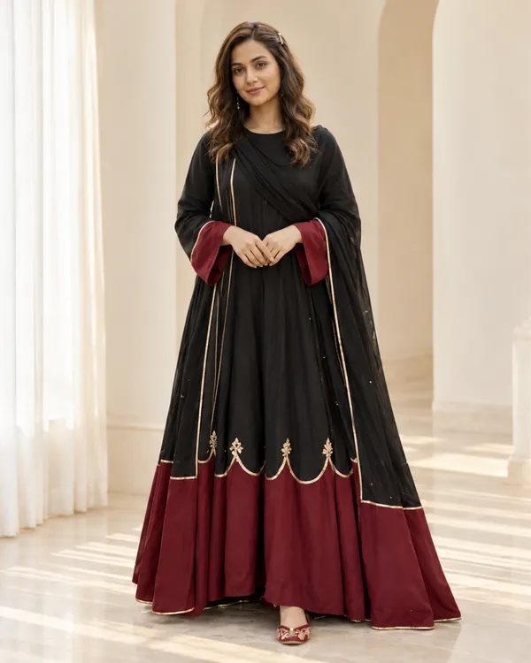 Ebony_Black_Wine_Color_Block_Flared_Roman_Silk_Gown_Set