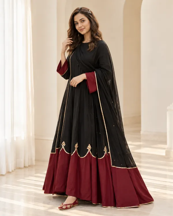 Ebony_Black_Wine_Color_Block_Flared_Roman_Silk_Gown_Set