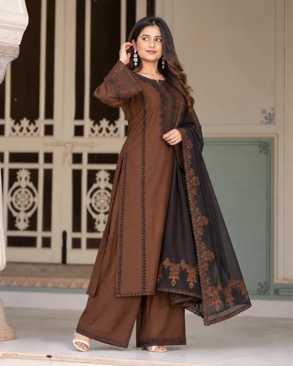 Mocha_Brown_Embroidered_Roman_Silk_Kurta_With_Bell_Sleeves