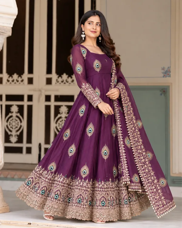 Regal_Plum_Violet_Peacock_Embroidered_Flared_Silk_Gown_Set