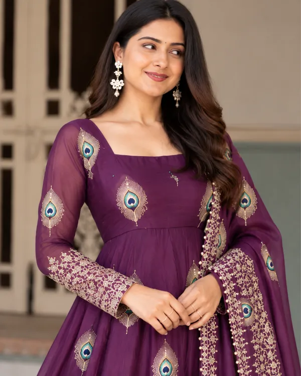 Regal_Plum_Violet_Peacock_Embroidered_Flared_Silk_Gown_Set