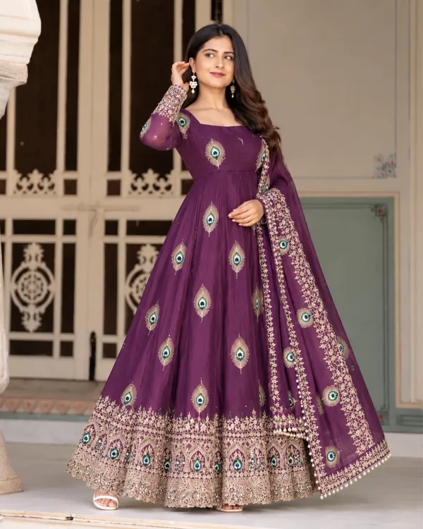 Regal_Plum_Violet_Peacock_Embroidered_Flared_Silk_Gown_Set