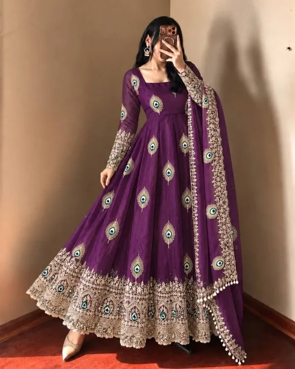 Regal_Plum_Violet_Peacock_Embroidered_Flared_Silk_Gown_Set