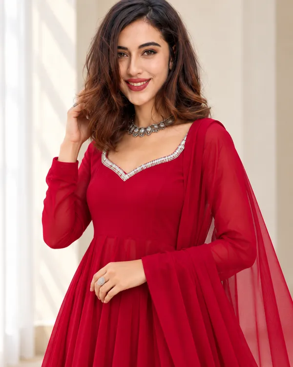 Ruby_Crimson_Georgette_Sweetheart_Flared_Gown_Set