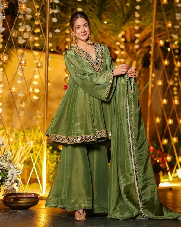 Olive_Green_Real_Mirror_Work_Pure_Chinon_Silk_Sharara_Set